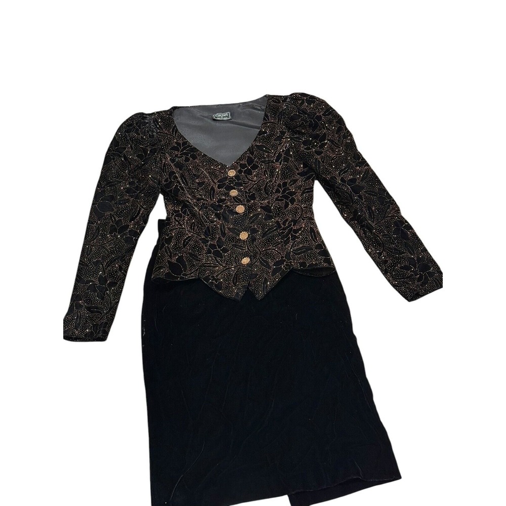 Vtg 5/6 Cachet 2pc Black Velvet‎ Skirt Suit Gold Glittered Floral Design